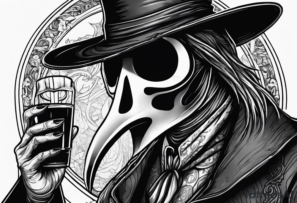 plague doctor with a skeleton hand holding medicine tattoo idea