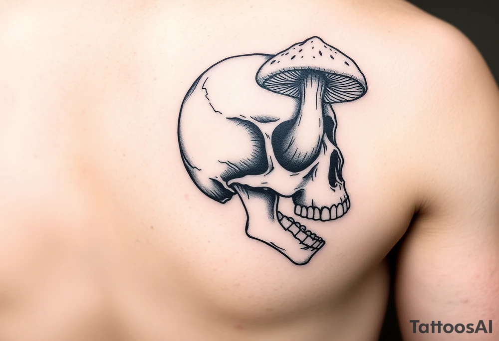 right side of a skull with grown out mushroom flying out of its eyes tattoo idea