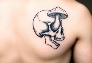 right side of a skull with grown out mushroom flying out of its eyes tattoo idea