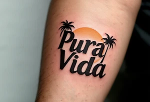 Bold serif “Pura Vida” in dark brown ink with palm tree silhouettes in deep green and sandy beige. tattoo idea
