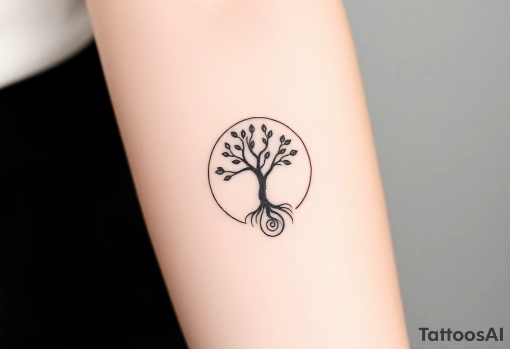 A tree in a circle,
with few leaves, with an outward spiral as its roots tattoo idea