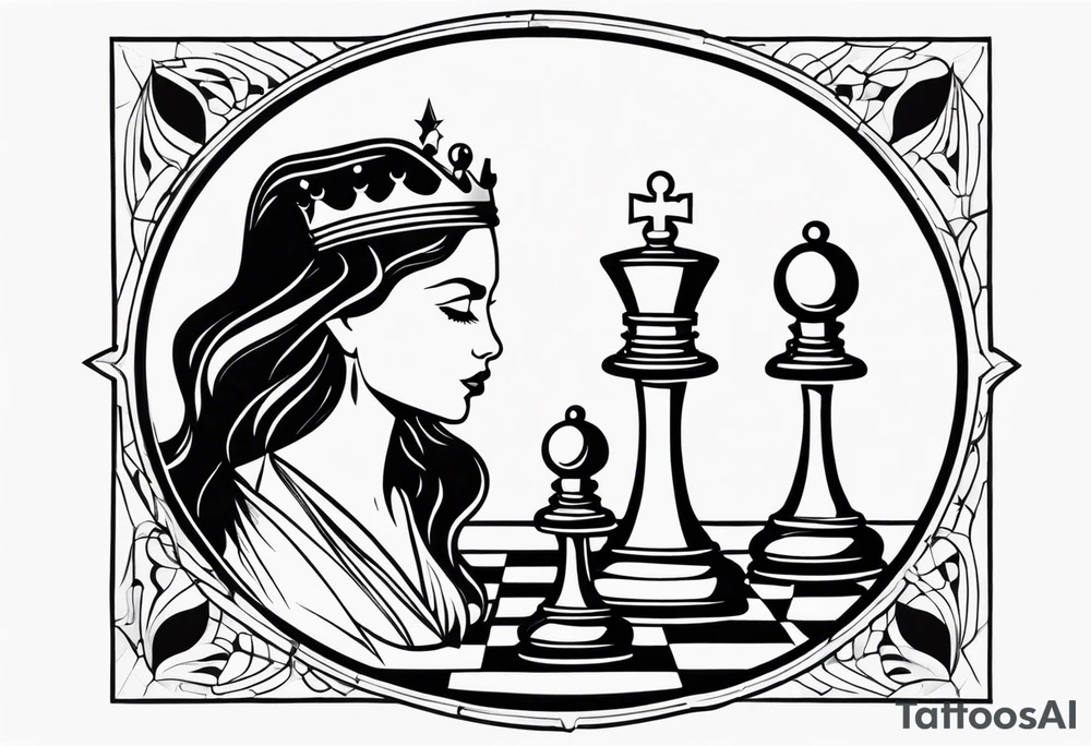 chess queen piece contour with two pawns on her side inside a quantum field tattoo idea