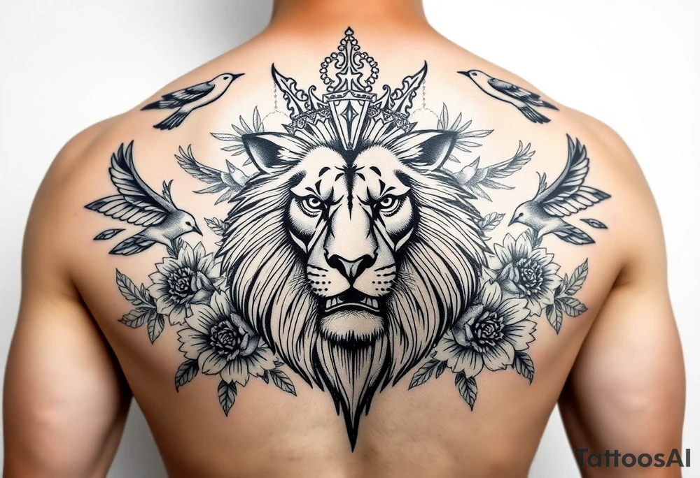 powerful majestic lion with a crown, surrounded by floral ornaments and birds tattoo idea