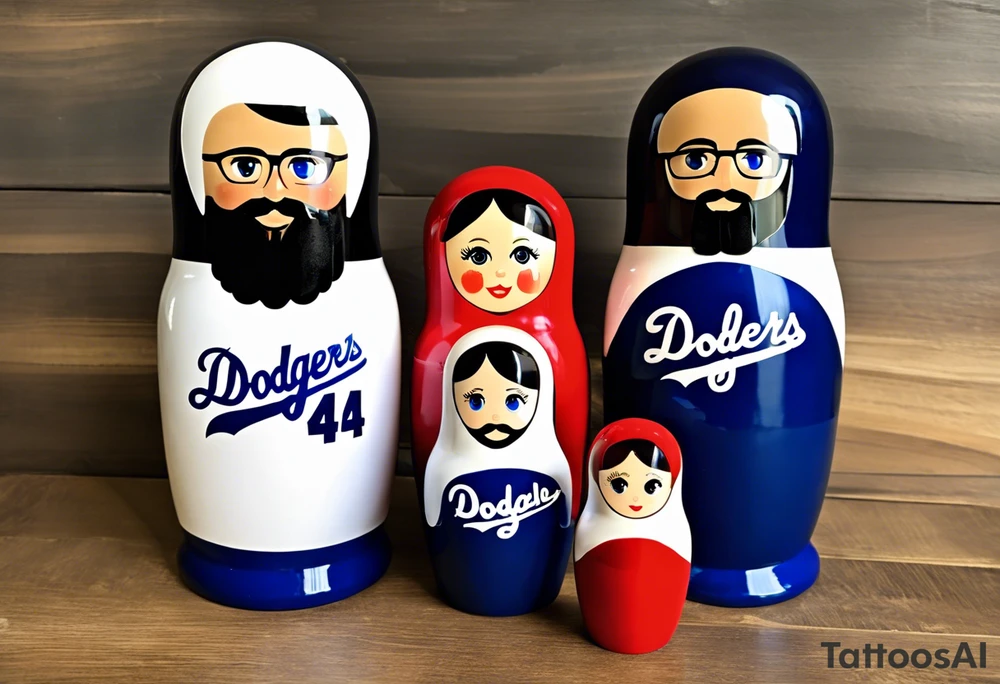A set of 4 Matryoshka dolls, family of 4. Each separate doll is designed based on their individual description. Father (biggest doll) has full beard, blue eyes, short brown hair, loves LA Dodgers. Mother (second biggest doll) has blonde bob length hair, no beard, blue eyes, thick rimmed black glasses, loves leopard print. Son is 4 years old, blue eyes, blonde spiky hair, loves Paw Patrol. Daughter is 2 years old, blue eyes, long eyelashes, short light brown bob, loves Bluey. tattoo idea