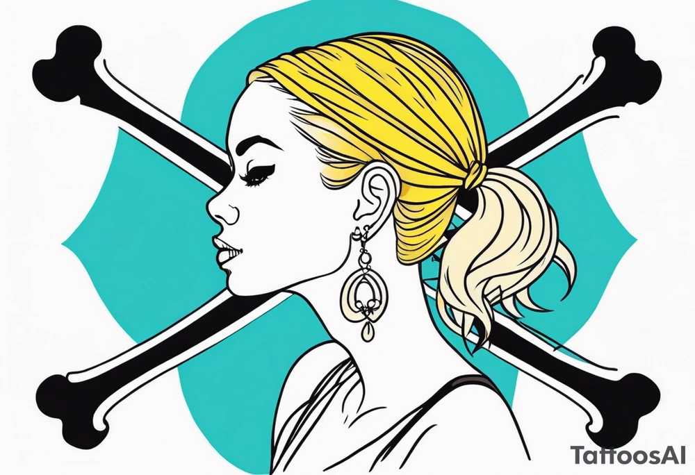 feminine skull and cross bones with hair in two blonde pigtails tattoo idea