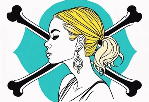 feminine skull and cross bones with hair in two blonde pigtails tattoo idea