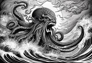 A kraken octopus monster underwater ensnaring the Greek god Poseidon as he thrust his trident into the beast. Turbulent storm with lightning & waves crashing tattoo idea