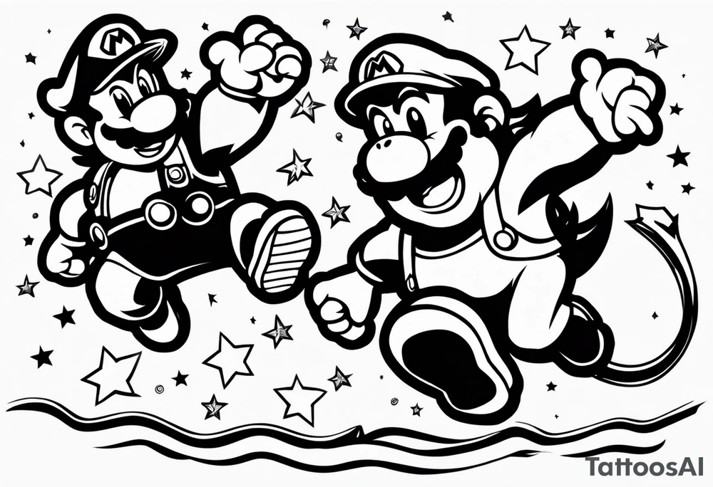 Baby mario and donkey kong jumping for a mario star. Baby Mario's hat says Kade. Donkey Kong's tie says Kyle tattoo idea