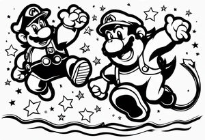 Baby mario and donkey kong jumping for a mario star. Baby Mario's hat says Kade. Donkey Kong's tie says Kyle tattoo idea