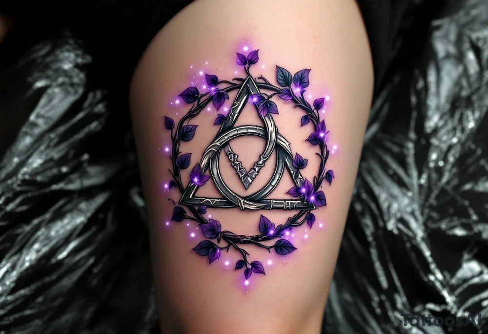 A silver triquetra wrapped in violet ivy vines and surrounded by dots of white light. tattoo idea