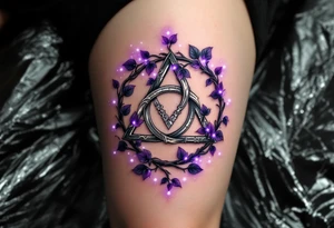 A silver triquetra wrapped in violet ivy vines and surrounded by dots of white light. tattoo idea