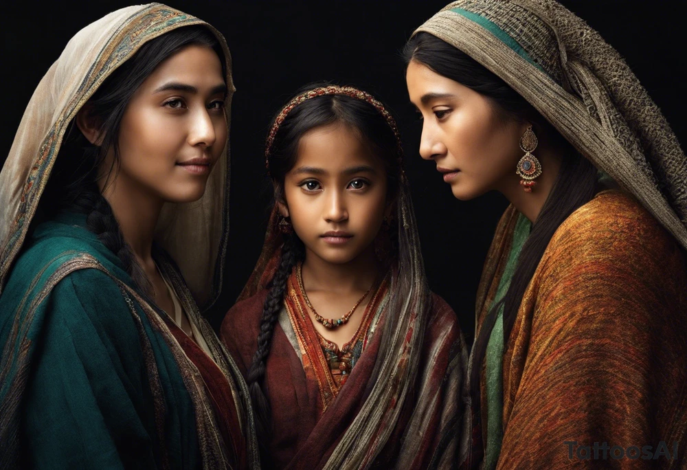 3 female people standing next to each other. The one on the left is a young girl, the one in the middle is a mature woman, the one on the right is a very old woman. They are looking forward.
There are 3 weavers. They symbolize the moirs, old goddesses of destiny. tattoo idea