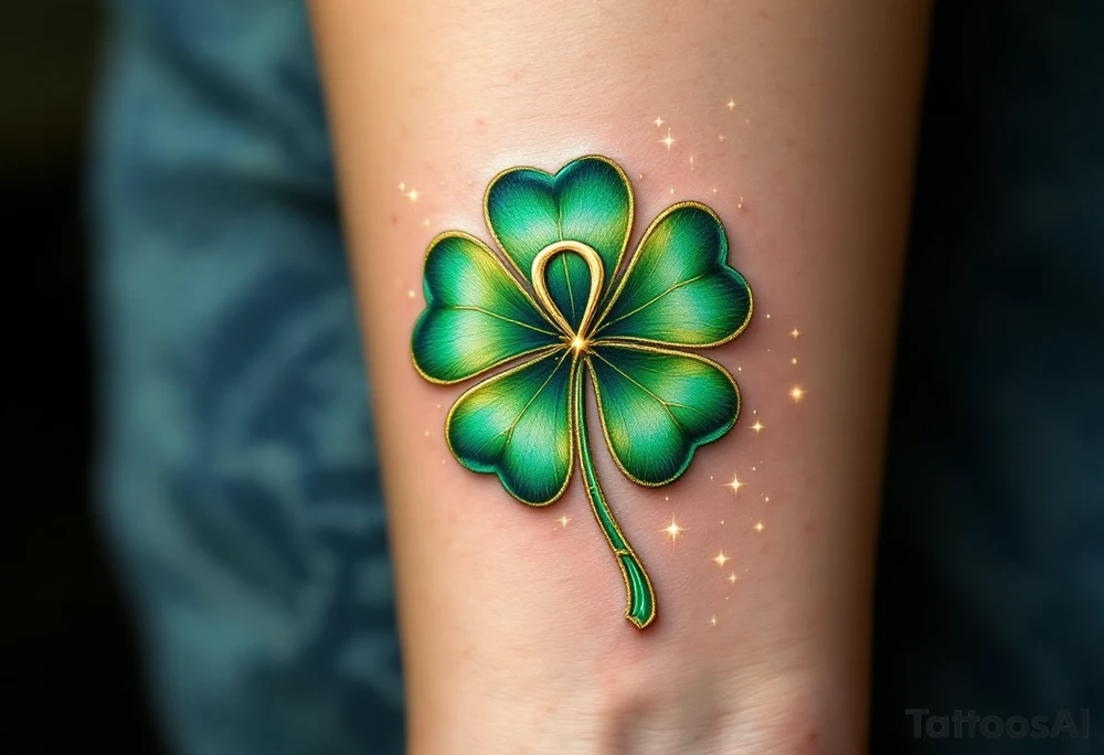 A golden rune is elegantly intertwined with a vibrant green four-leaf clover, symbolizing both luck and love. The clover's leaves have delicate golden veins, and a soft emerald aura surrounds the entire design. Tiny sparkles of light add a mystical touch, representing fate and serendipitous love. The rune sits at the heart of the clover, blending destiny and devotion into a single powerful symbol. tattoo idea