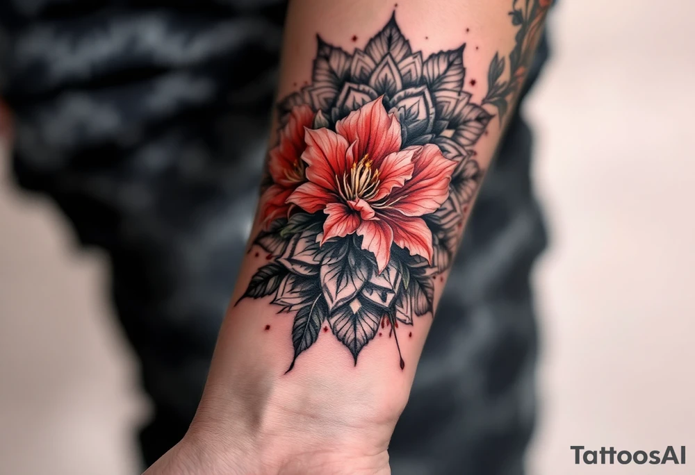 red  and black rhododendron trippy with mandala behind tattoo idea