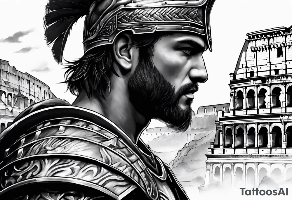 A gladiator with armor side profile with the Roman Coliseum in the background tattoo idea A gladiator with armor side profile with the Roman Coliseum in the background tattoo idea