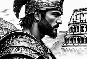 A gladiator with armor side profile with the Roman Coliseum in the background tattoo idea