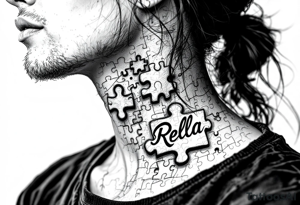 side of the neck puzzle piece tattoo where one of the pieces says Rella tattoo idea