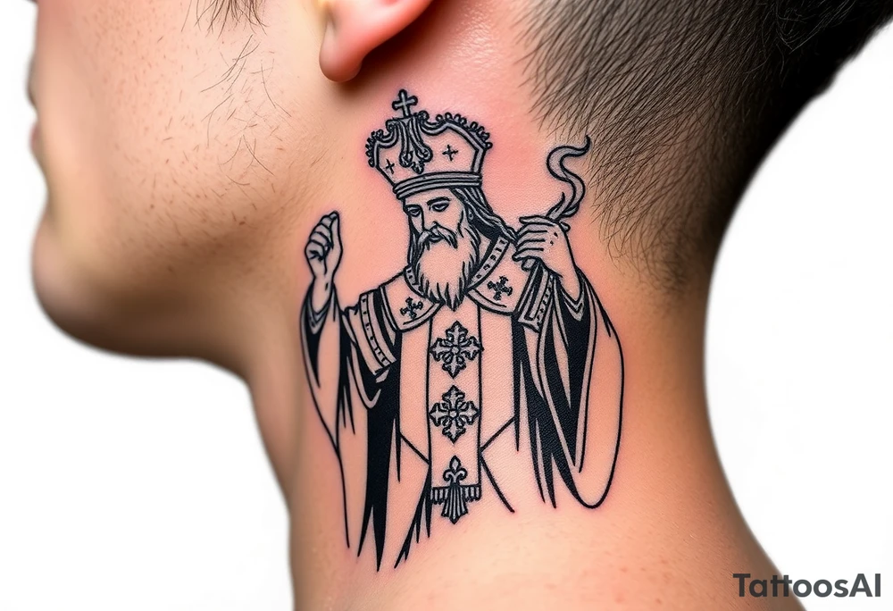Russian Orthodox Priest in a fully detailed gold vestment swinging a censer with smoke curling upward tattoo idea