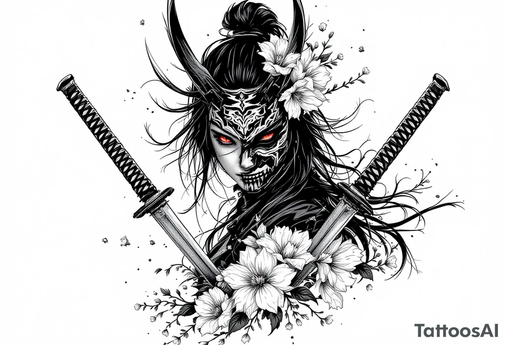 Woman samurai with red eyes wearing an half and broken kitsune mask, holding 
two katana and Sakura flowers ornement
Tatoo is for upper arm tattoo idea