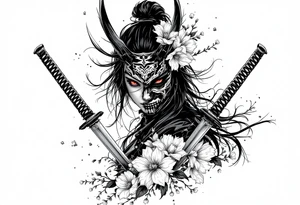 Woman samurai with red eyes wearing an half and broken kitsune mask, holding 
two katana and Sakura flowers ornement
Tatoo is for upper arm tattoo idea