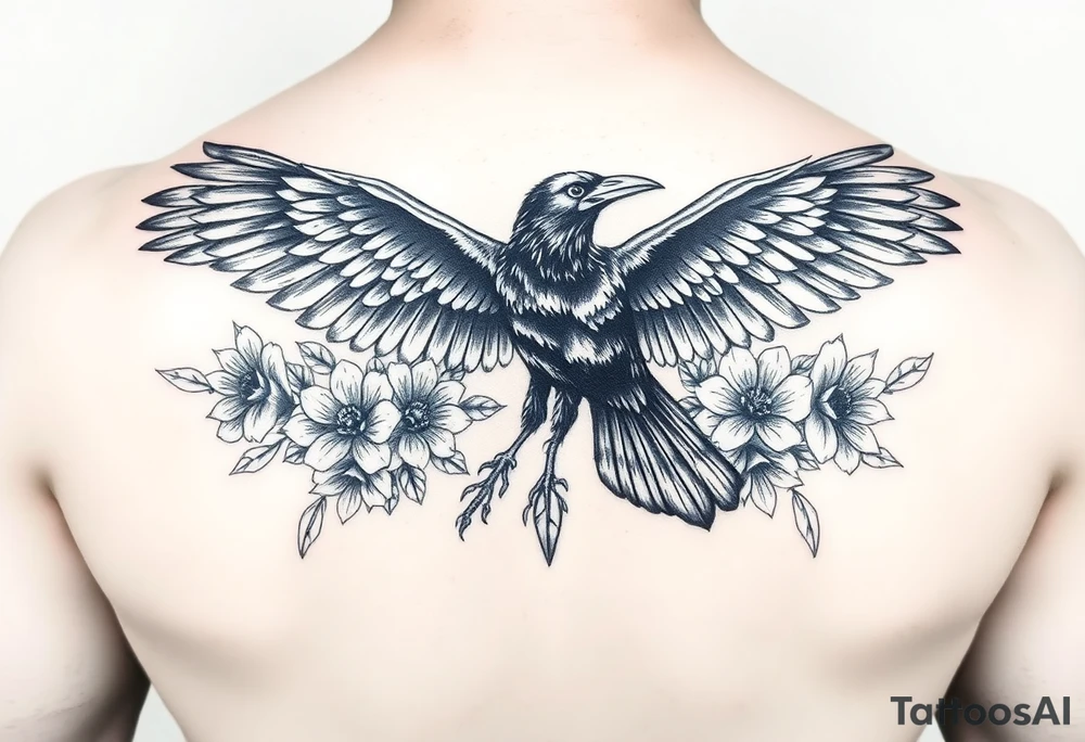A raven with outstretched wings, surrounded by flowers and crystals tattoo idea