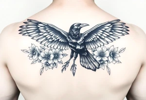 A raven with outstretched wings, surrounded by flowers and crystals tattoo idea