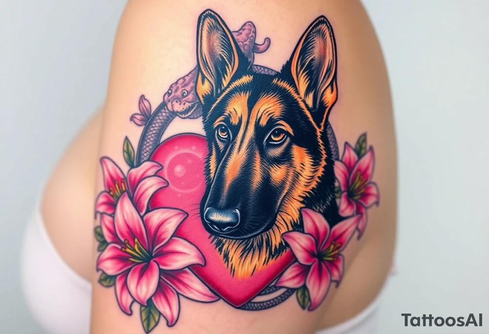 realistic german shepherd with alert ears looking protective surrounded by pink lilies with leaves in front of a serpent sacred heart tattoo idea