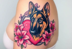 realistic german shepherd with alert ears looking protective surrounded by pink lilies with leaves in front of a serpent sacred heart tattoo idea