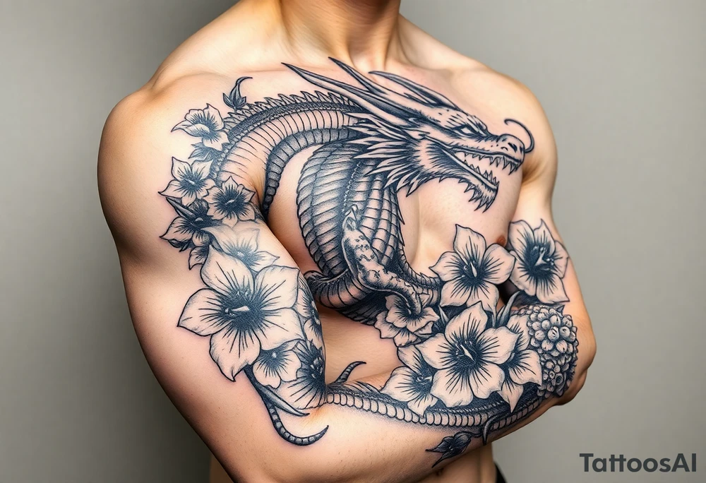 dragon with death flowers tattoo idea
