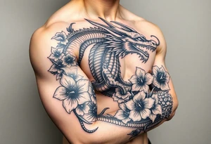 dragon with death flowers tattoo idea