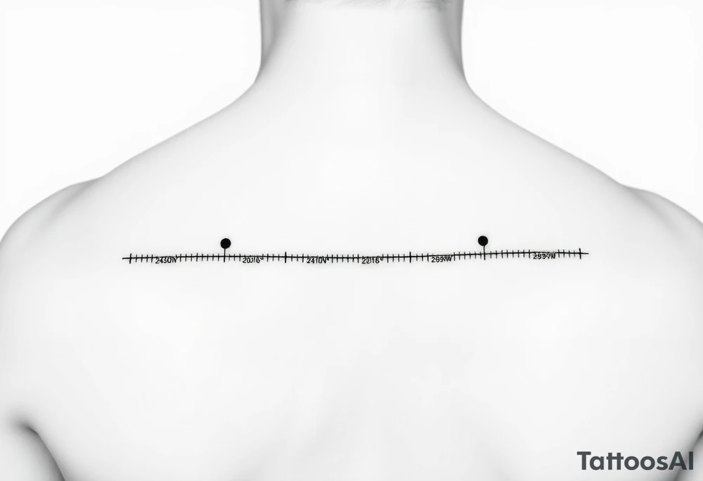 Style: minimalist fine-line  
Layout: horizontal timeline  
Elements:  
- 2 timeline dots  
- Coordinates: "24°10′N, 20°16′E" and "53.4084°N, 2.9916°W" under each dot  
- Small circle markers above each  
- Below line: Morse code — ● — ● ● — ● — ● — — — ● — ● ● ● ● — ● —  
No text. Abstract only. tattoo idea
