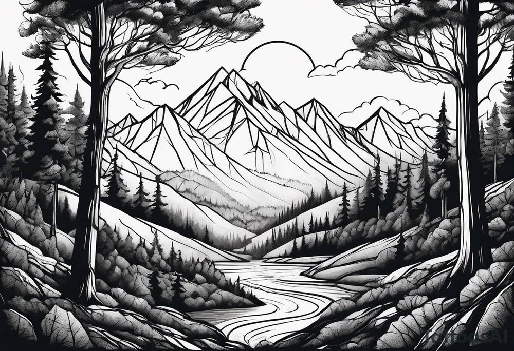 a forest along the edges where the mountains burn below and in the distance with full trees and emptiness in the middle tattoo idea