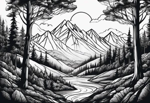 a forest along the edges where the mountains burn below and in the distance with full trees and emptiness in the middle tattoo idea