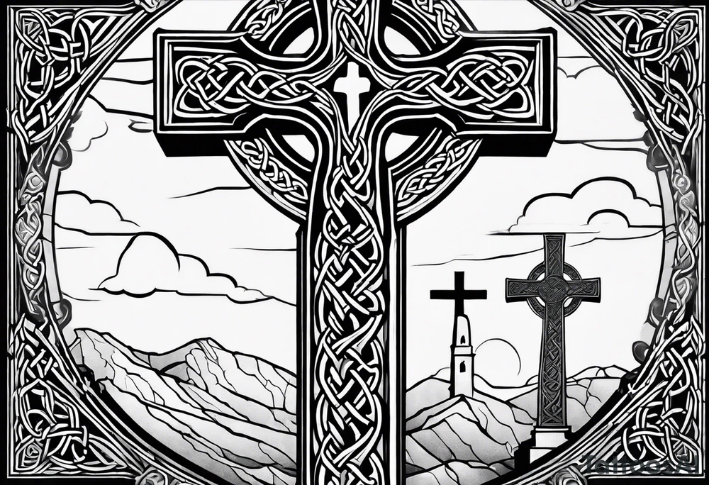 A stone Celtic cross, standing solemnly, with a raven perched on the arm of the cross tattoo idea