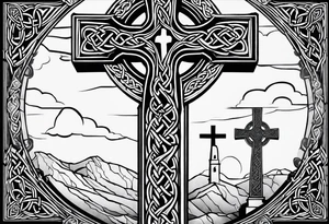 A stone Celtic cross, standing solemnly, with a raven perched on the arm of the cross tattoo idea