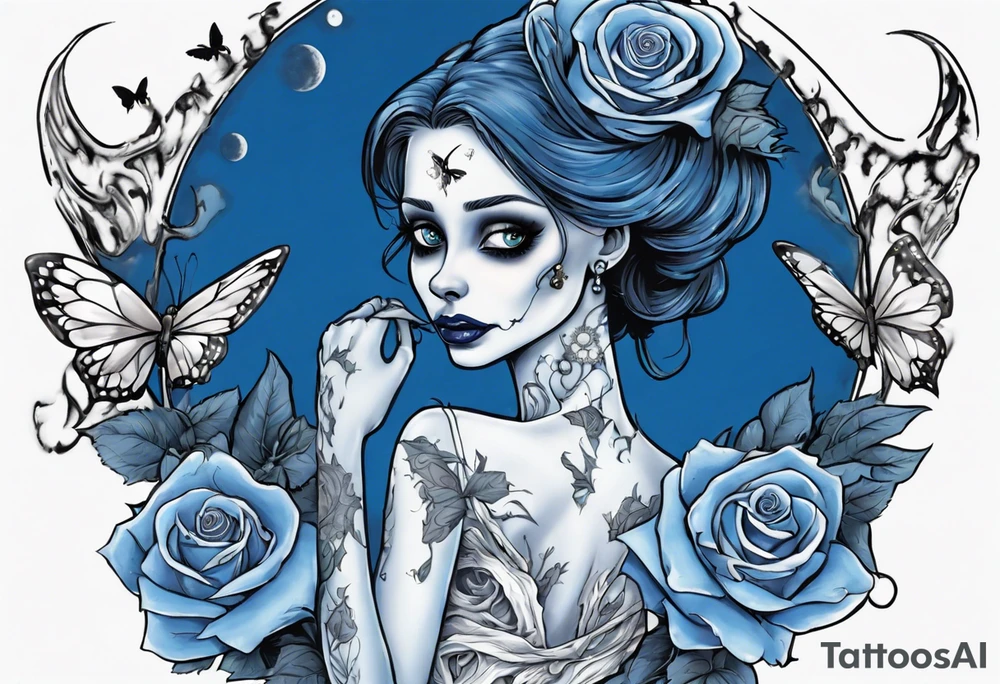 corpse bride Emily wearing a wedding dress she is holding a blue rose bouquet of flowers. one white daisy in the middle of the bouquet. one blue butterfly. A full moon on the background. full grown tattoo idea