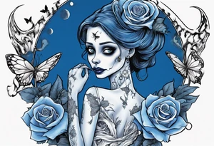 corpse bride Emily wearing a wedding dress she is holding a blue rose bouquet of flowers. one white daisy in the middle of the bouquet. one blue butterfly. A full moon on the background. full grown tattoo idea