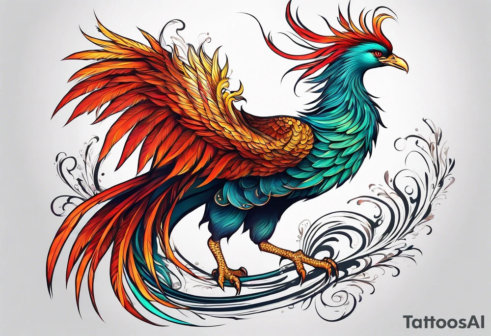 asian elegant long feathered phoenix
with a long neck, with no wings, graceful tattoo idea