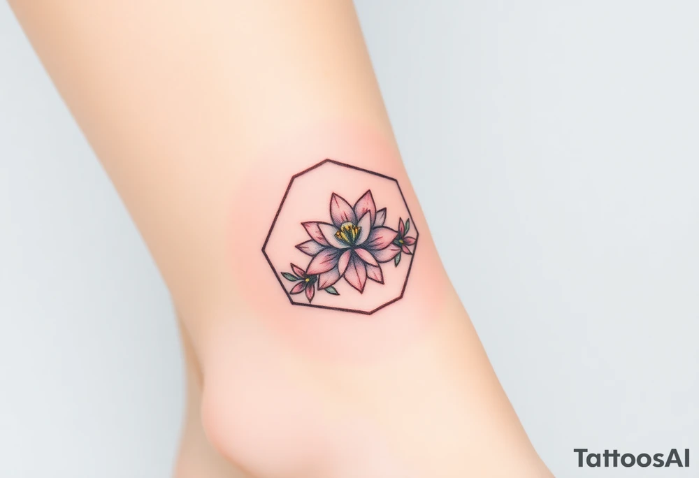 Faint Hexagon with Leo, larkspur and water lilies in the center tattoo idea