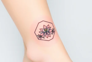 Faint Hexagon with Leo, larkspur and water lilies in the center tattoo idea