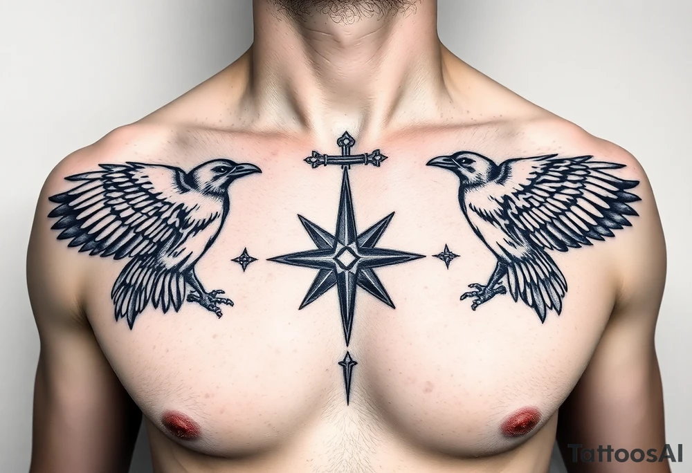 Chest tattoo, two ravens and icelandic symbols, dark brest tattoo tattoo idea