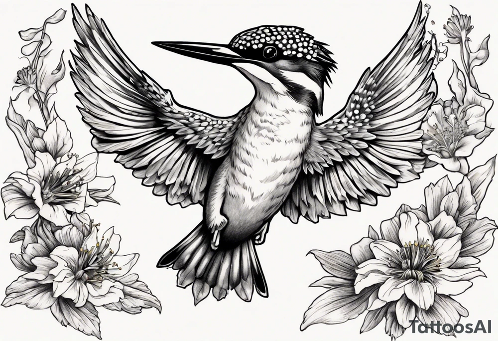 Thigh tattoo of a Kingfisher taking flight surrounded by St John's Wort flowers tattoo idea