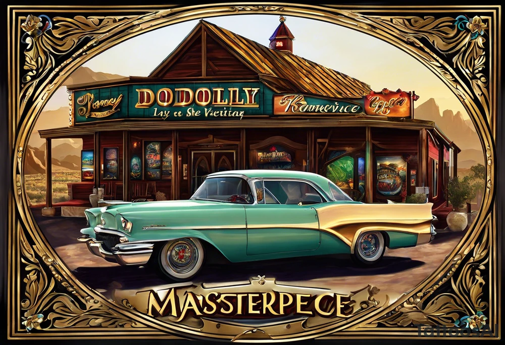 I want to create a concept for a tattoo in remembrance of my dead grandma. She loved to gamble in Las Vegas Nevada, Ruidsos New Mexico, and Albuquerque New Mexico. She played slot machines. She loved to travel and drove for work a lot. She loved Dolly Parton, Elvis Presley, George Straight, Johnny Cash, Loretta Linn, and all things country. She grew up in Kentucky and eventually moved to Texas. She was stubborn, gentle, and unselfishly serving others her whole life. She was born on May 8th, 1960. She was a primary mother figure to me. tattoo idea