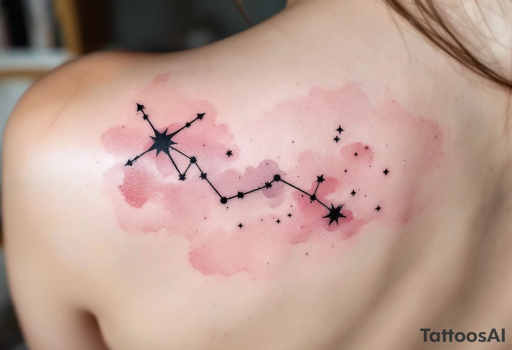 The Sagittarius star constellation drawn in crisp black ink over a faded blush-pink watercolor cloud. tattoo idea