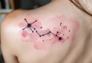 The Sagittarius star constellation drawn in crisp black ink over a faded blush-pink watercolor cloud. tattoo idea