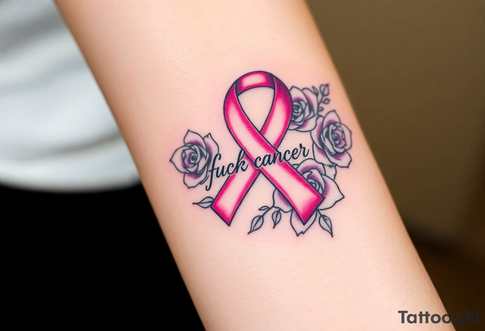 Pretty pink Cancer ribbon that says "fuck cancer"with purple roses tattoo idea