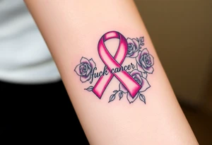 Pretty pink Cancer ribbon that says "fuck cancer"with purple roses tattoo idea
