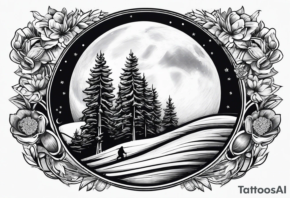 Snowmachine and snowshoes and a moon above tattoo idea