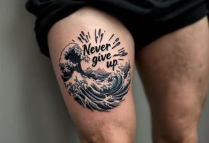 "Never give up" flowing through the waves of a black and navy blue ocean scene. tattoo idea