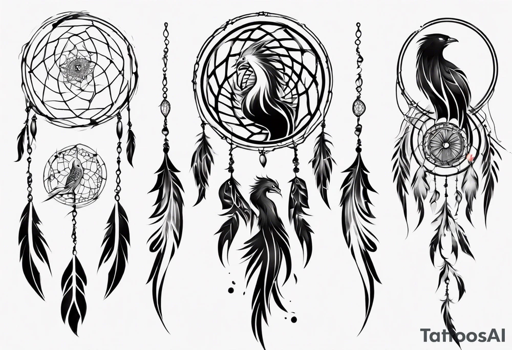 Vertical screaming Phoenix in circles with abstract dream catcher tail tattoo idea